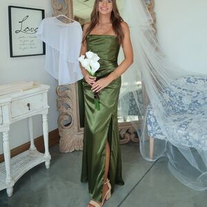 Azazie LEONIS Metallic Satin (Olive) Dress